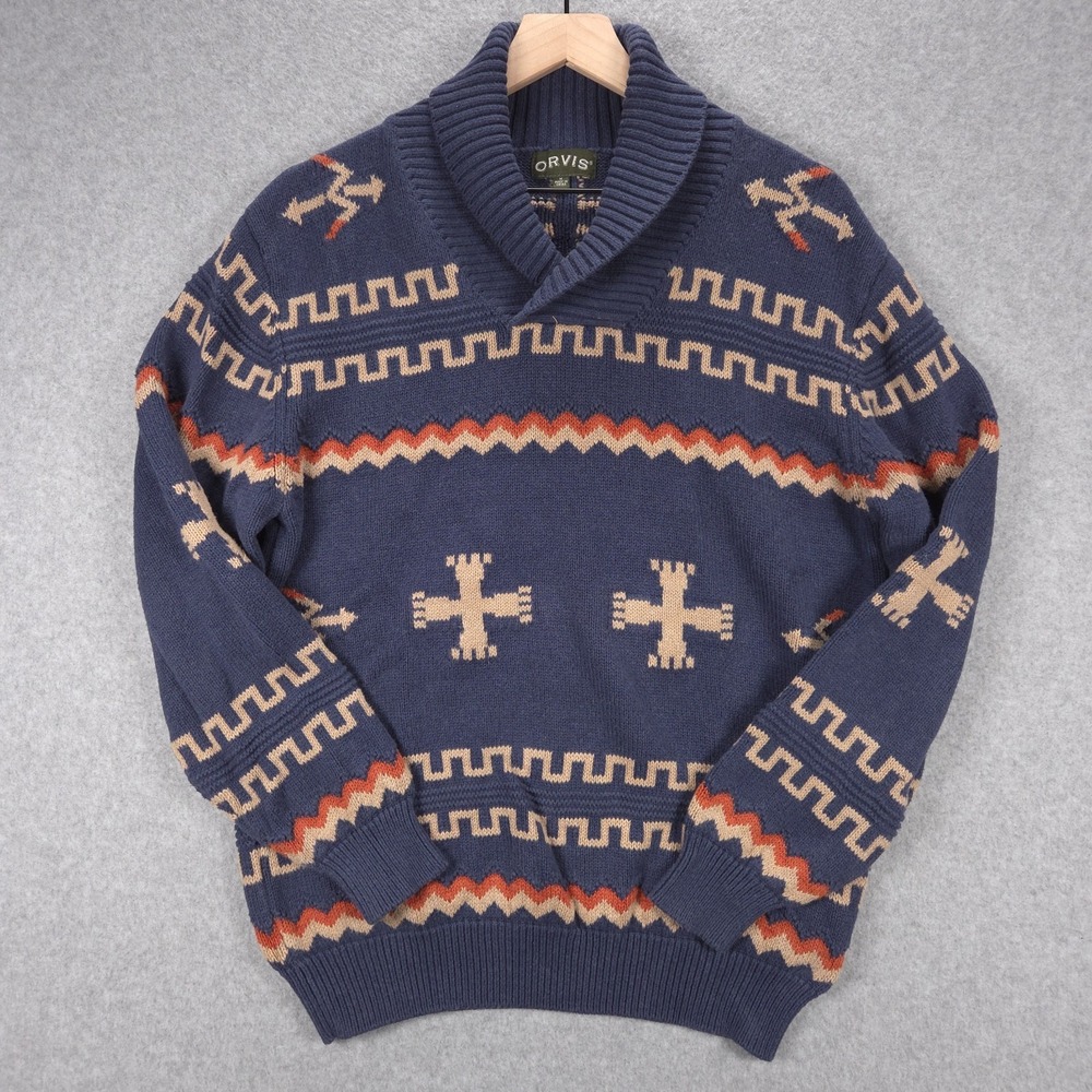 Orvis Mens Size Medium Blue Southwestern Style Shawl Collar Cotton Sweater